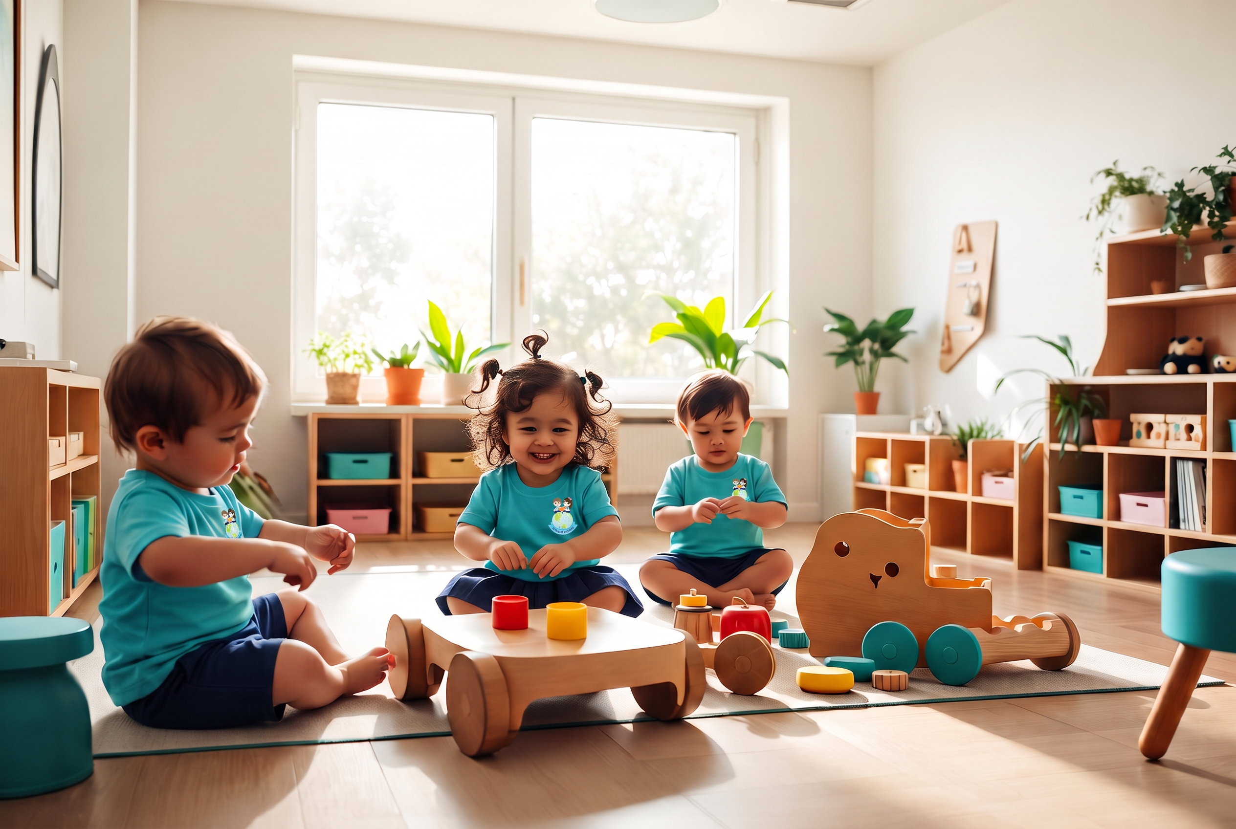 Crianças brincando com brinquedos educativos em sala iluminada do CEI Meu Mundo Encantado